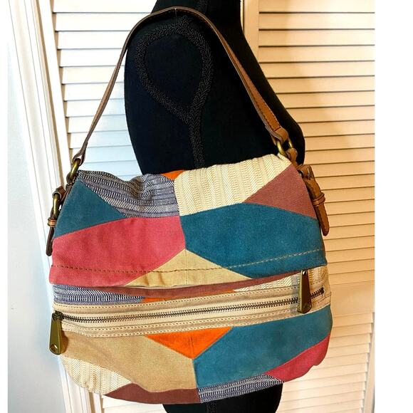 Fossil Patchwork‎ Suede canvas Fold over messenger Top Handle Boho Charms - Picture 1 of 9